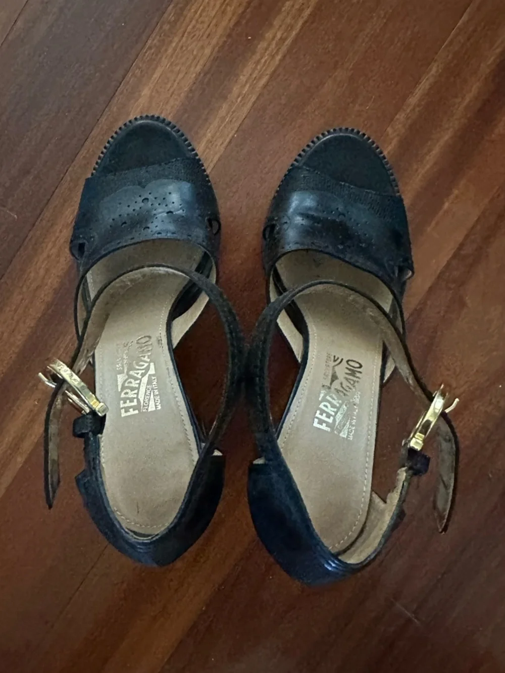 Salvatore Ferragamo Black Suede Platform Sandals with Gold Buckles